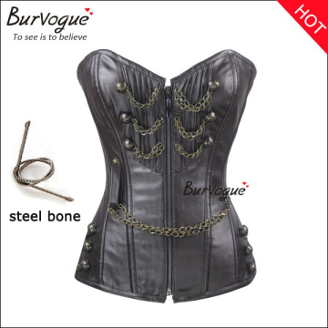 Women steel boned body shapers supply overbust slimming bustier top with chain and zipper fetish leather corset wholesale cheap