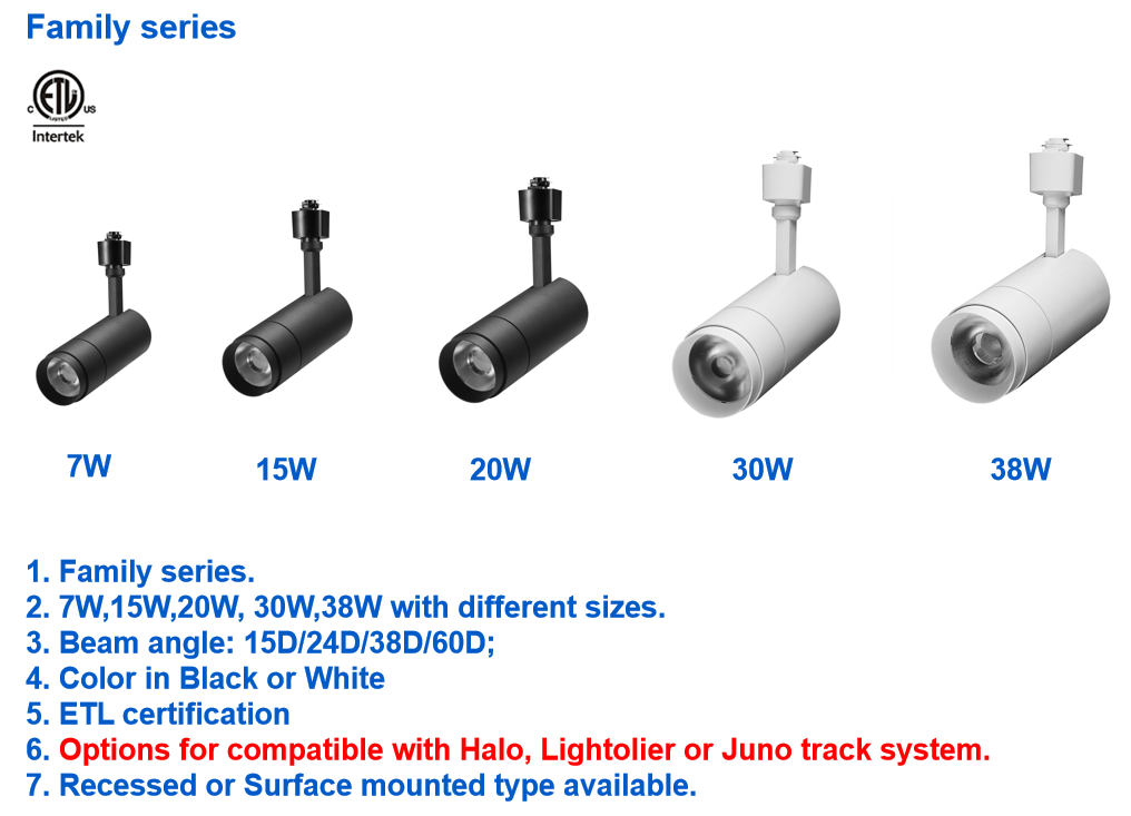 Daytonled Family Series ETL CETL Certification 7W 15W 20W 30W 38W Surface Mount Recessed CRI90 CRI97 Led Track Light
