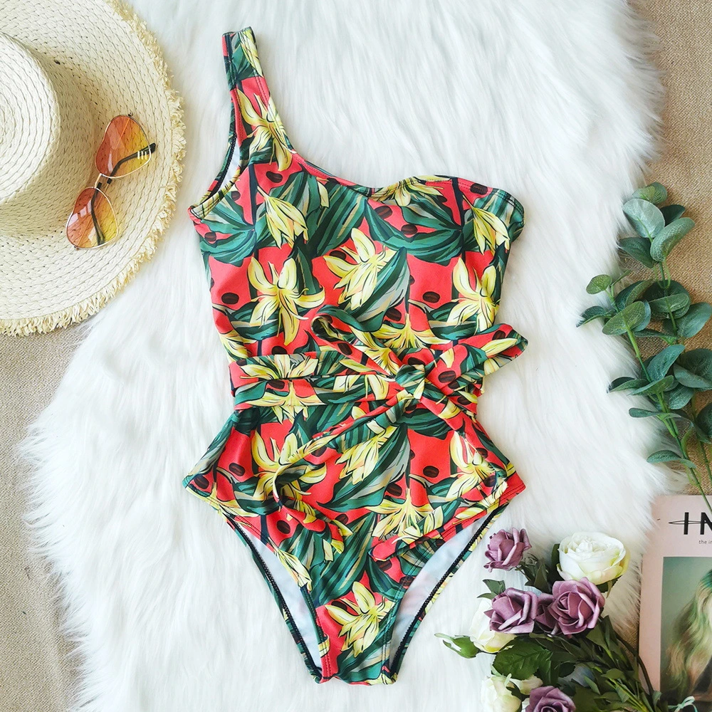 2021 New One-Shoulder Printed Floral One-Piece Swimsuit Strappy Swimsuit Women