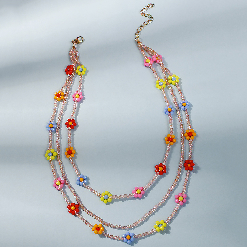 Handmade Flower Colorful Bead Three Layer Necklace Bohemian Necklace For women