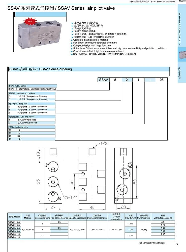 24VDC 5/2, Single-Head, Pipe Joint Bore 1/2, Ssav Series Air Pilot Valve