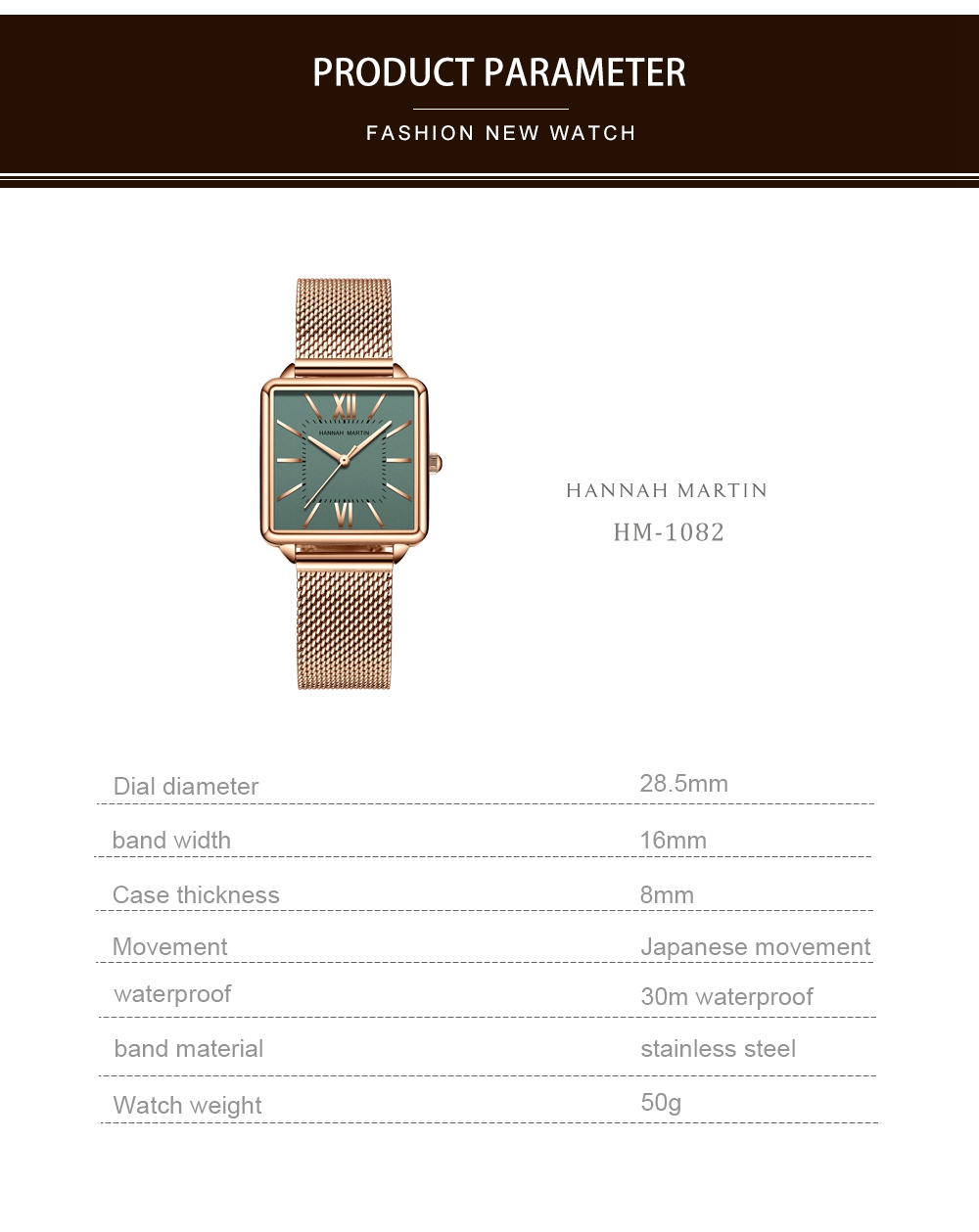 Hannah Martin 1082 Women Watches Quartz Watch Square Rose Gold Fashion Wristwatches Steel Mesh montre femme Hot Sale