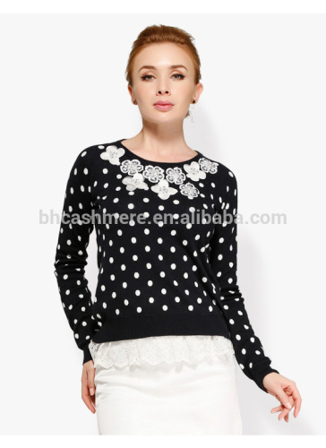 Ladies cotton cashmere sweater with chest path lace crew neck knit sweater beaded jacquard pullover