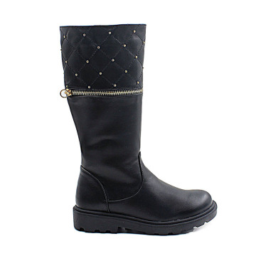 Wholesale flat heel shiny black knee high boots girls 2015