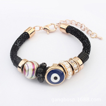 Mesh Crystals Evil Eye Beads Bracelet Handmade Pearl Bangle