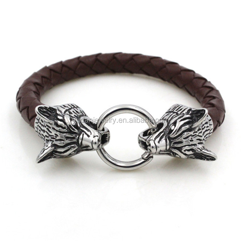 Yudan Jewelry Mens Bracelet Wolf Head Clasp Leather Bracelet