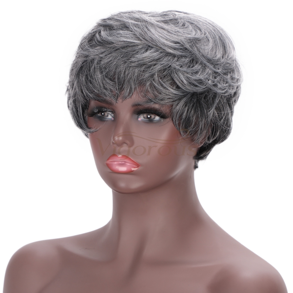 Vigorous Hot Bob Ombre Grey Short Pixie Cut Wig Synthetic Machine Made Wigs for African American Women Cosplay Daily Party  Use