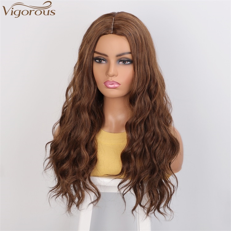 Vigorous Top Quality Dark Brown Mixed Light Auburn Long Wavy Wig Middle Part Synthetic Wigs For Black Women Wholesale Price