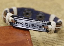 Free Sample Promotion Cheap Black Jute Leather Bracelet World Peace Plate Bracelet Jewelry Cuff