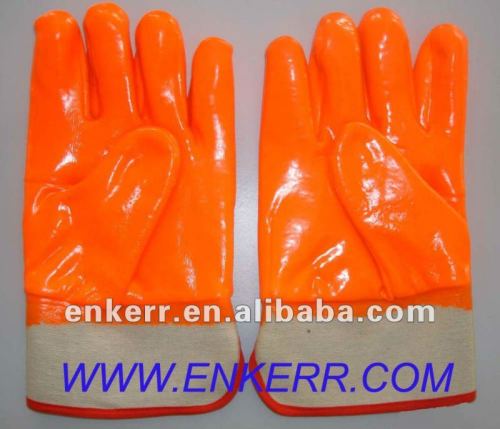 orange Fluorescent PVC coated work gloves rubberized cuff