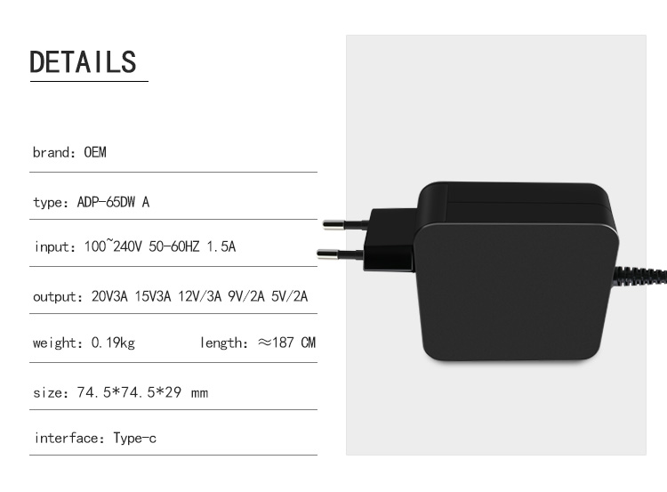 Newest Square PD-65W PD Charger Type C Power Charger 20/3A,15V3A,12AV3A,9V/3A, 5V/2A for Macbook Pro