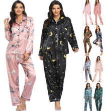 Women Satin Printed Long Sleeve Sleepwear Pajamas