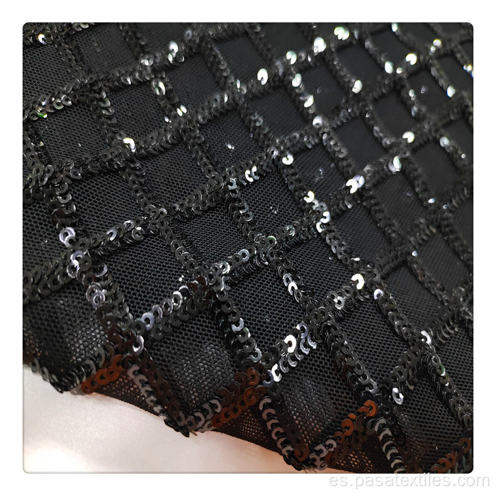 Material de malla bordado Sequin Sequin Diamante negro Diamante Bordado de malla de lentejuelas bordado en spandex
