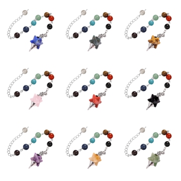 Natural Stone 18MM Merkaba Gemstone Pendulum with 7 Chakra Chain & Pendant Gemstone Merkaba Pendants for DIY Jewelry Making