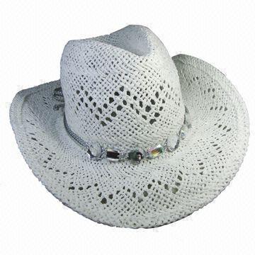 White Cowboy Straw Hat, Open Weave Paper with Stone Trim