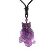 Amethyst Handmade Craved Owl Pendant Necklace Adjustable Rope