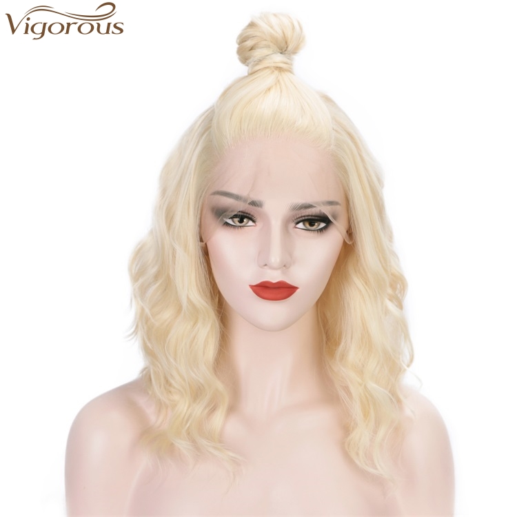 Vigorous High Quality Cosplay White Women Wigs Lace Front Wigs Blonde Heat Resistant Synthetic Short Bob Wavy Wigs