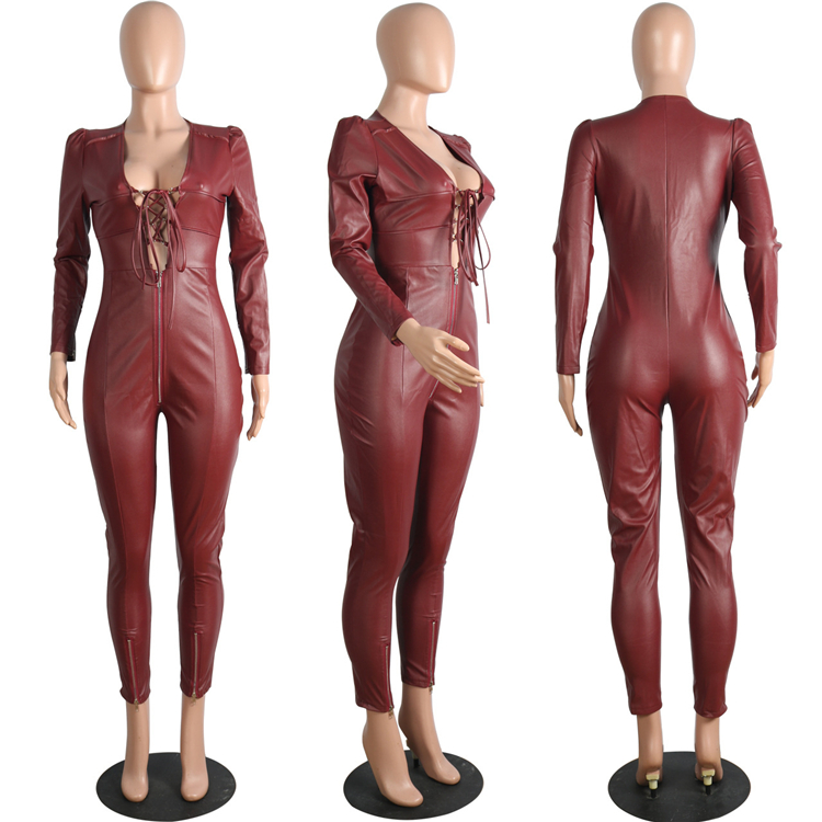 C3660 2020 new arrivals jumpsuit sexy hollow bandage solid color long sleeve V neck PU zipper women jumpsuit women onesie