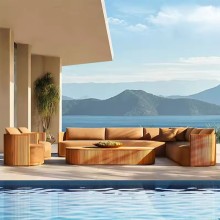All-weather outdoor furniture villa wooden teak sofa set private garden sofa hotel outdoor patio teak sofa