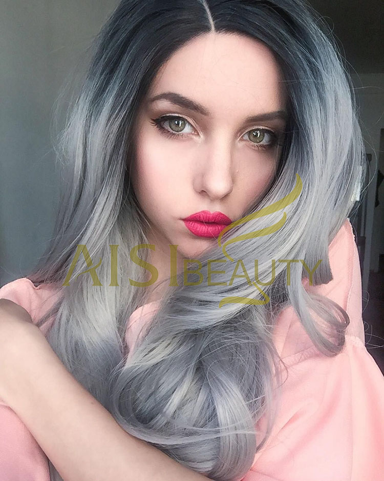 Aisi Beauty Wholesale Vendor Ombre Gray Big Curly Wave Wig Long Wavy Swiss Lace Synthetic Hair For Black Women Lace Front Wig