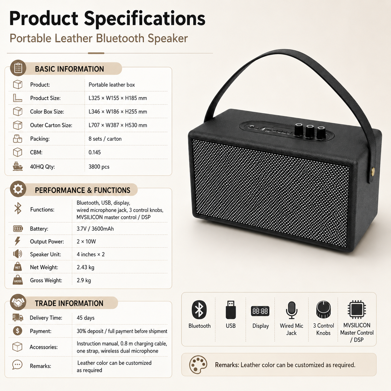 Taşınabilir deri kutu hoparlör Portable leather box speaker