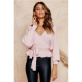 Women&#39;s V Neck Belted midje ruffle pullover topp