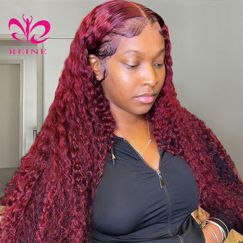 99J Colored Lace Front Human Hair Wigs Deep Wave Burgundy 13x4 HD Transparent Lace Frontal Wig Glueless Wine Red Wig For Women