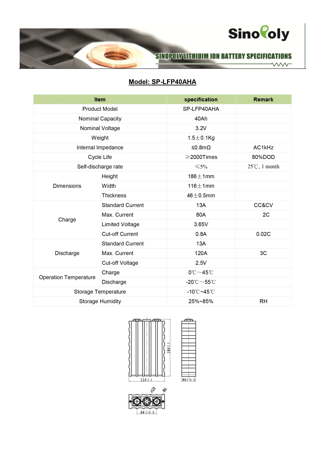 High Quality Sinopoly 3.2V 60ah Lithium Ion LiFePO4 Battery for Energy Storage Power Source System