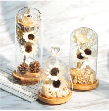 Handmade Blown Clear Flower?Glass dome Wood Base