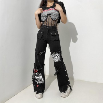 E-girl Gothic Black Buckle Cargo Pants - Y2K Grunge Vintage Streetwear