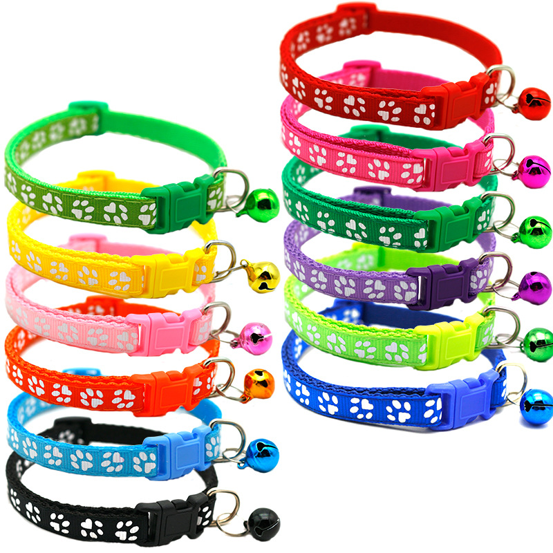 Manufacturer Wholesale Multi-colors Paw Print Adjustable Nylon Cat Dog Collar With Bell