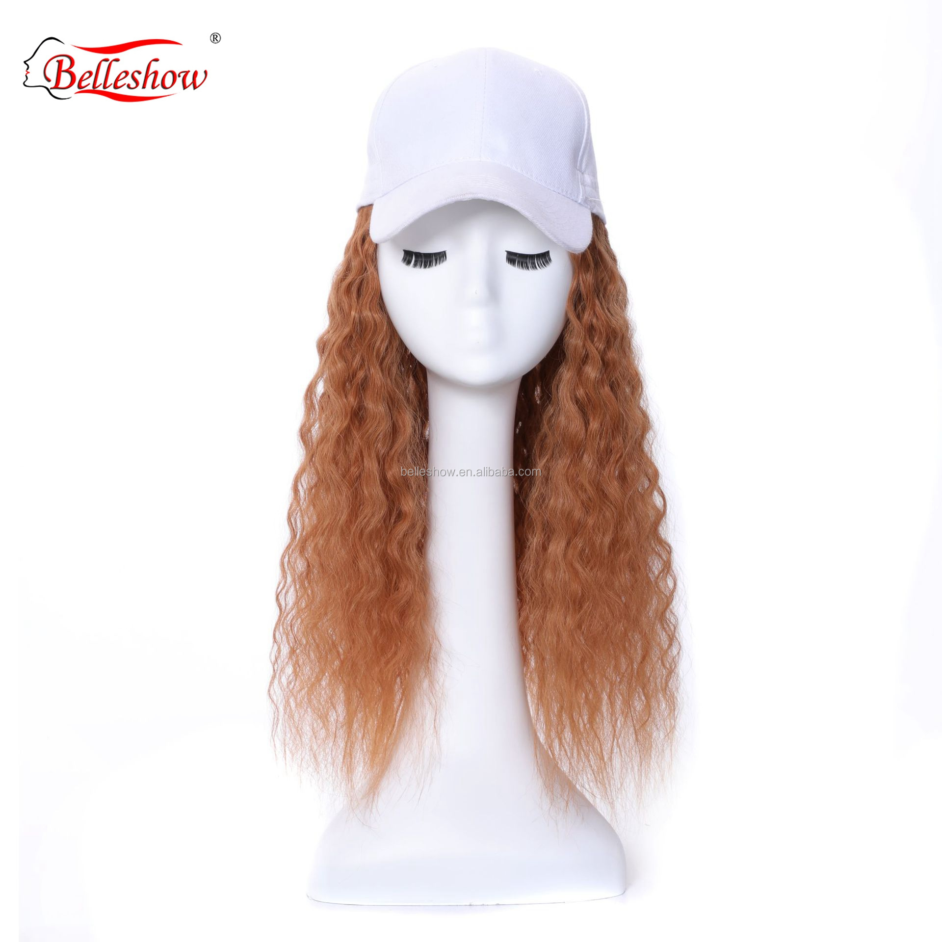 Hot sell synthetic hair and human hair black basketball hat Light brown wool roll hat wig  long curly wig