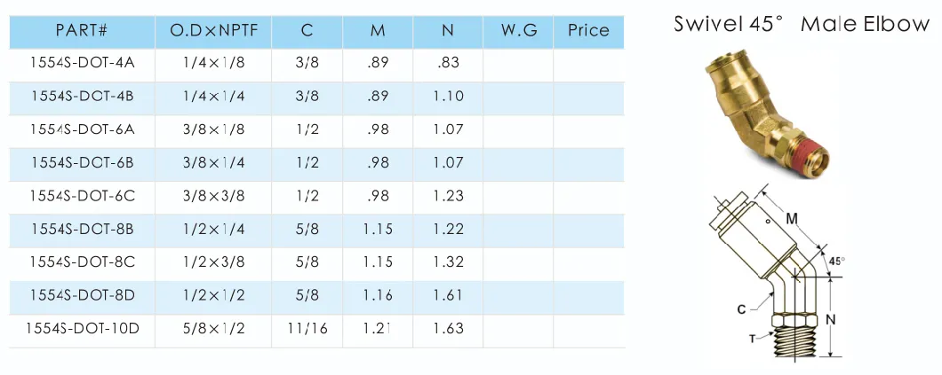 Copper Quick NPT Pipe Coupler Pneumatic Brass Swivel 45 Male Elbow DOT Push-in Fittings