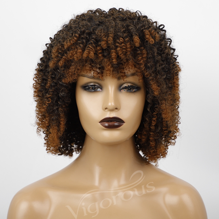 Women's High Quality Afro Kinky Cury Short Bangs Ombre Brown Color Bob Style Pixie Cut Wigs Synthetic None Lace Heat Resistant