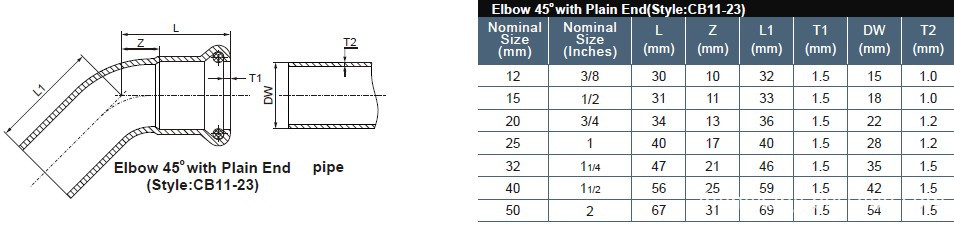 10 45degree elbow with plain end