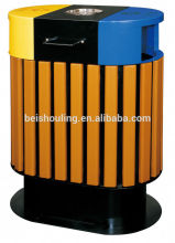 Public steel-wood floor recycling trash bin