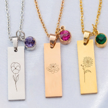 Customizable Stainless Steel Birth Flower and Personalized Message Necklace with Birthstone