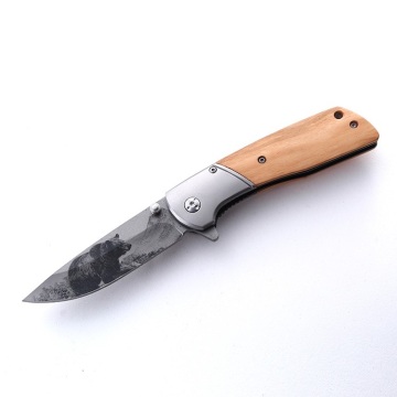 Wooden handle 3D Patterned Blade Outdoor Military Knife