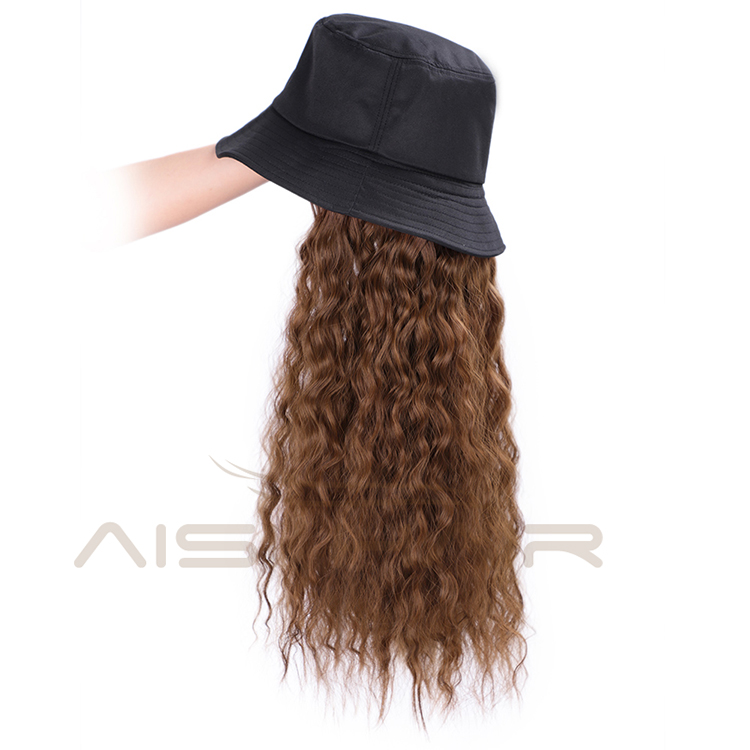 Aisi Hair Long Water Wave Outdoor Hat Knit Slouchy Party Hat Synthetic Light Brown Fiber Hair Extension With Black Cap For Women