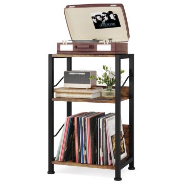 Brown 3-Tier Record Player Stand with Storage for Living Room and Bedroom