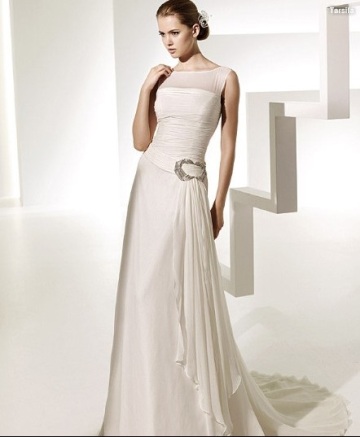 A line Bateau Neck Chapel Train Chiffon Beading Ruffled Wedding Dress