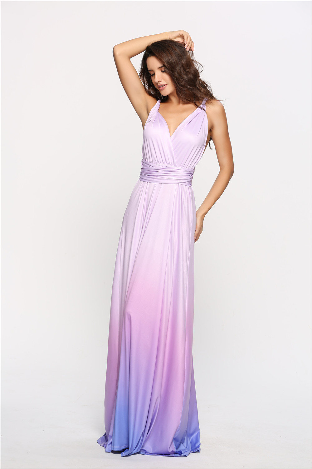 Hot sale sexy backless gradient color long gown dress for ladies elegant V-neck vestido de noche evening dress