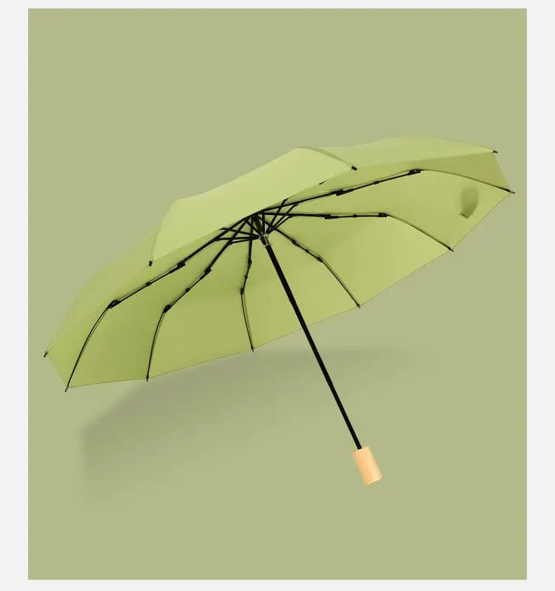 Green High Quality and Fashion Design Wooden Handle 3 Folding 10 Ribs Cool Umbrellas for Rainy and Sunny Days