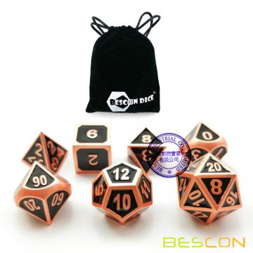 Bescon Deluxe Copper y Black Enamel Solid Metal Polyhedral Role Playing RPG Game Dice Set de 7 con bolsa con cordón libre