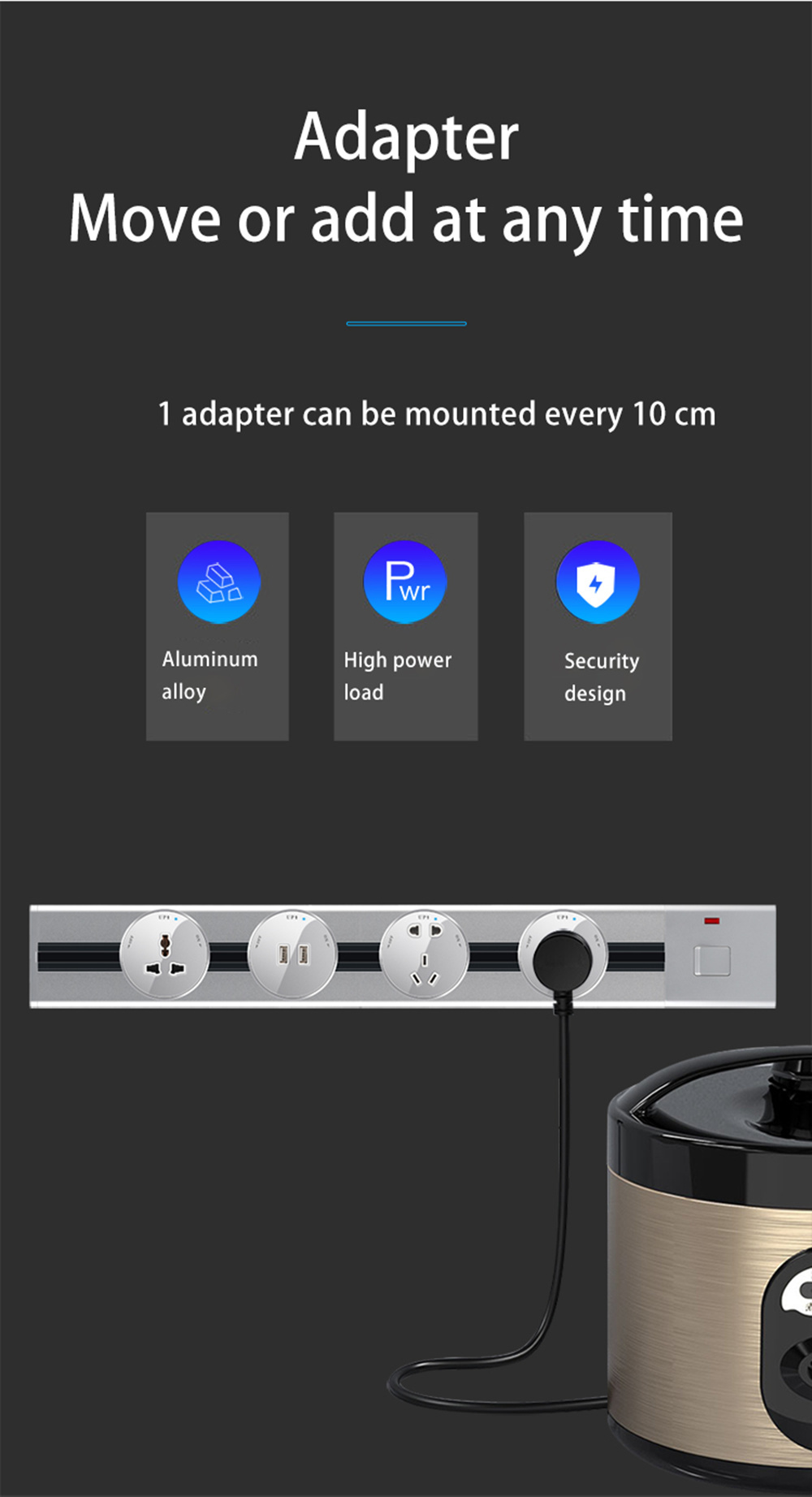 movable kitchen electrical black LED  recessed and surface track Socket with 3 gang power socket /60CM power track socket
