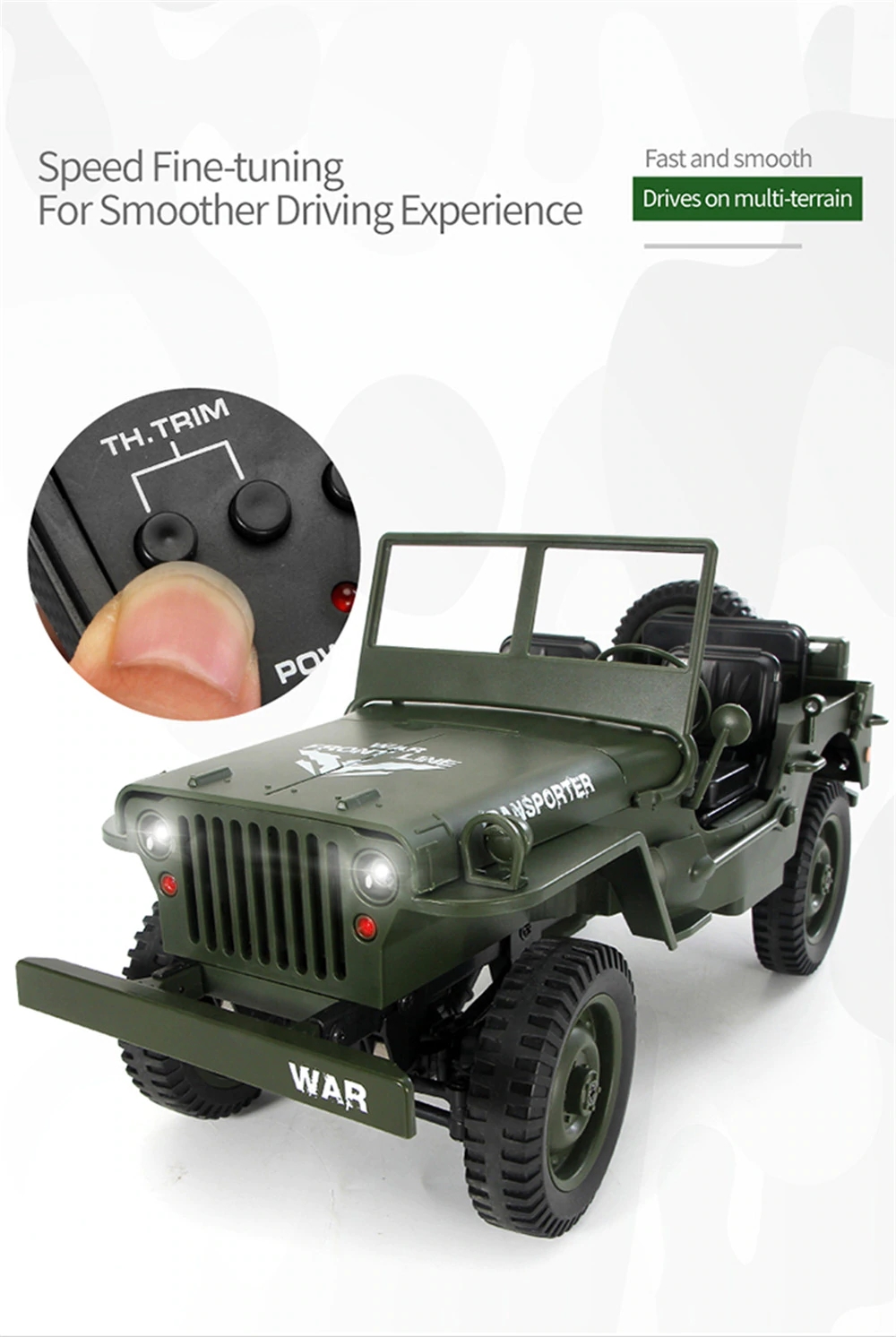 JJRC Q65 1:10 RC Car 2.4G 4WD Convertible Remote Control Light Jeep Four-Wheel Drive Off-Road Military Climbing Car Toy Kid Gift