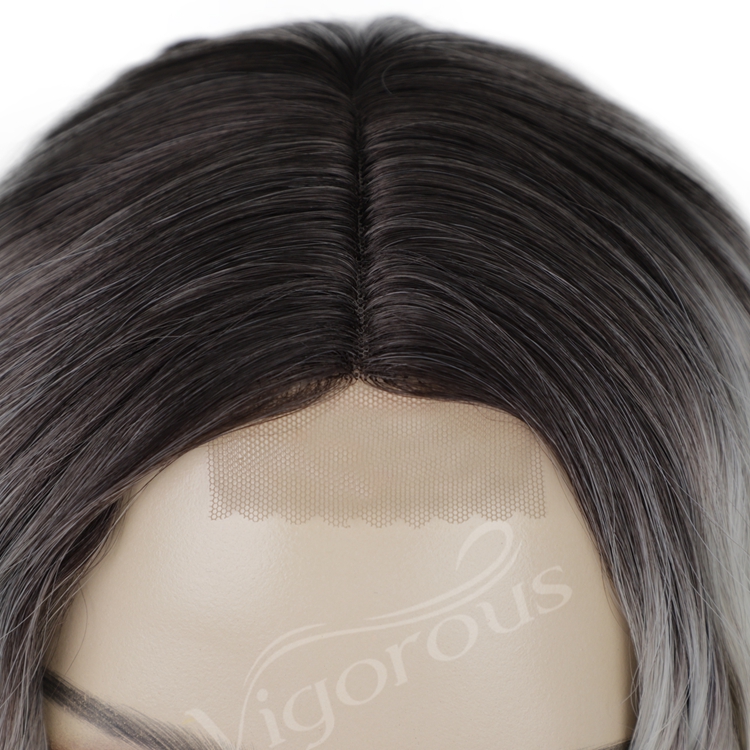 Hot Sale Cheap Short Bob Cosplay Party Curly Ombre Gray For Women Fiber Small Part Lace Front Wig Synthetic Hair