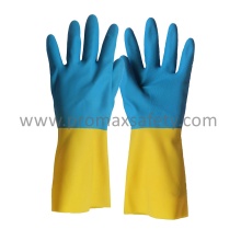 18mil Baumwolle Flocked Blue und Yellow Neopren und Latex Handschuh