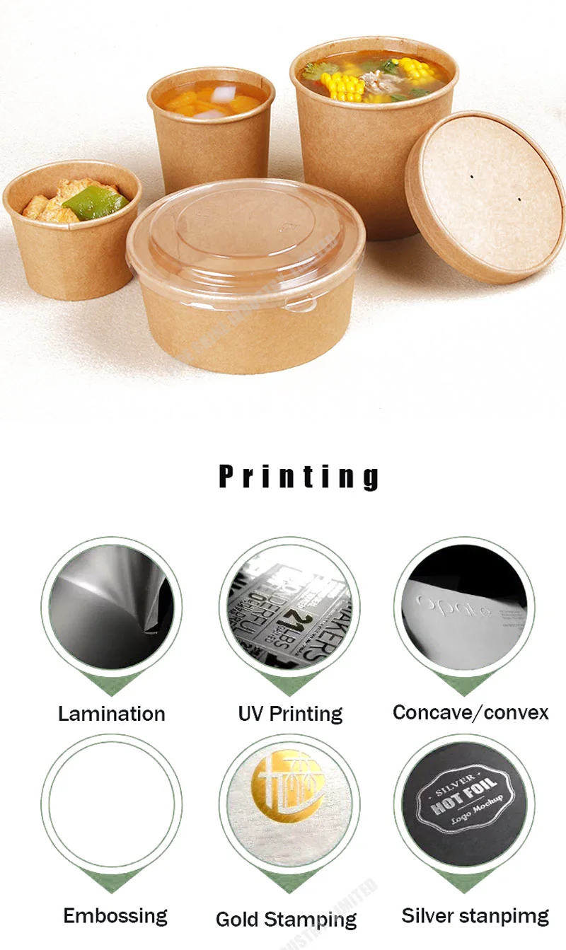 Customized 500ml Disposable Takeaway Salad Round Container Kraft Paper Bowl with Lid