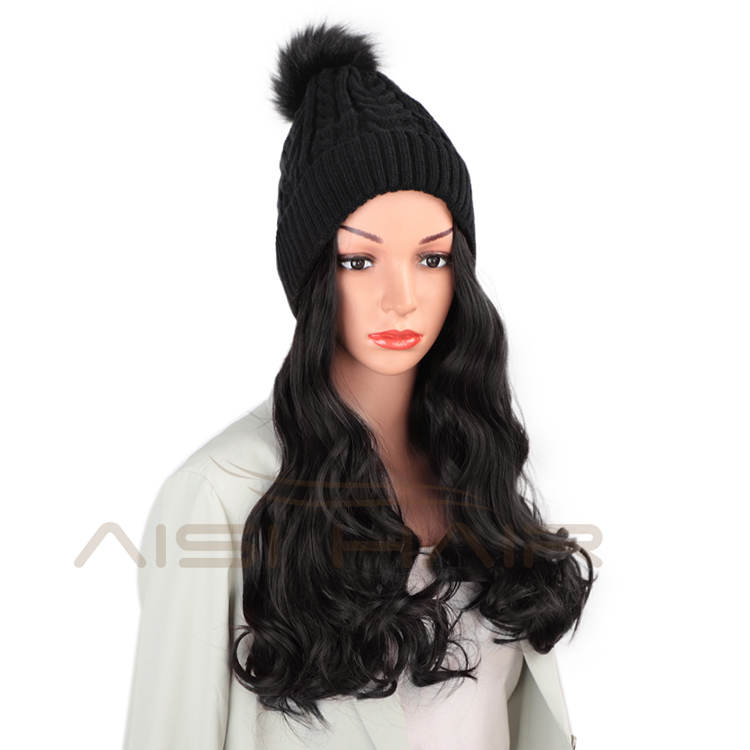 Aisi Hair Synthetic Nature Black Long Wavy Body Wave Cap Hair Heat Resistant Fiber Hair Extension With Cap For Black White Women